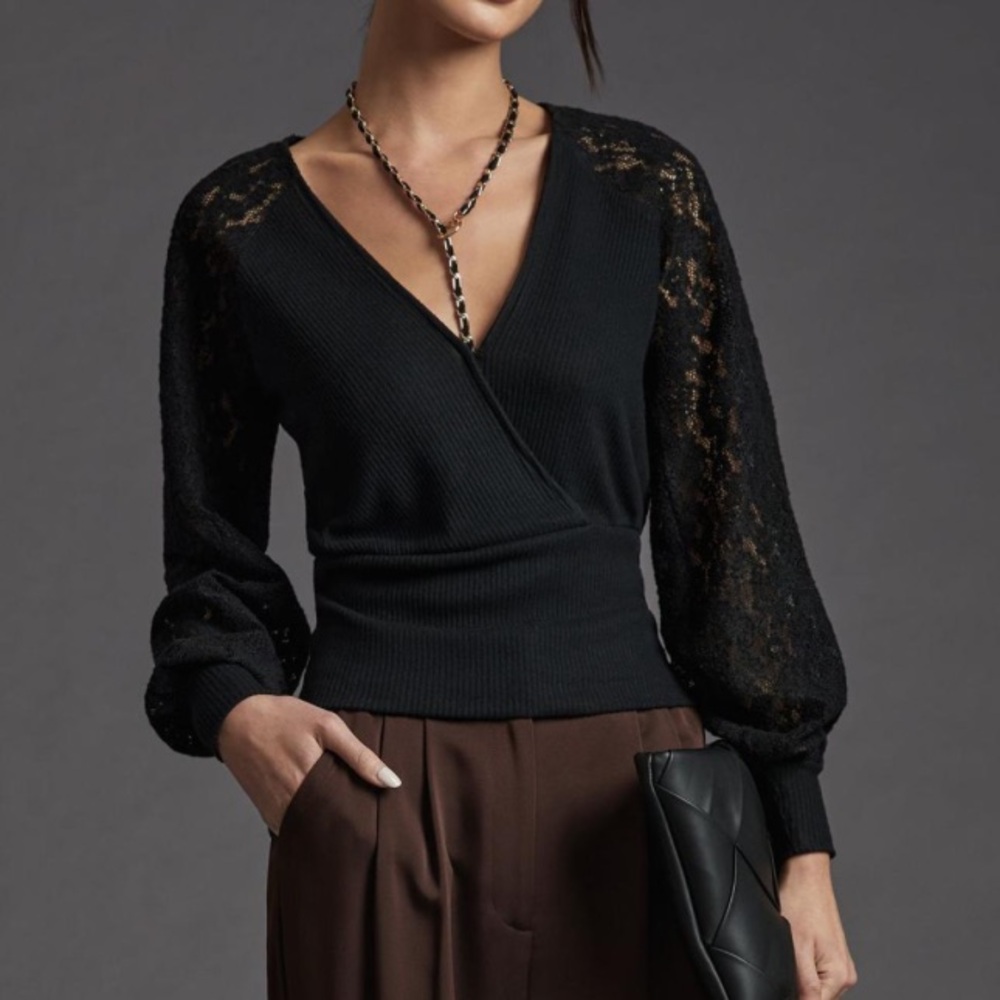 Anthropologie Black Lace-Panel Wrap Sweater